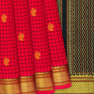 Red Handloom Silk Cotton Saree With Checks & Buttas-Red