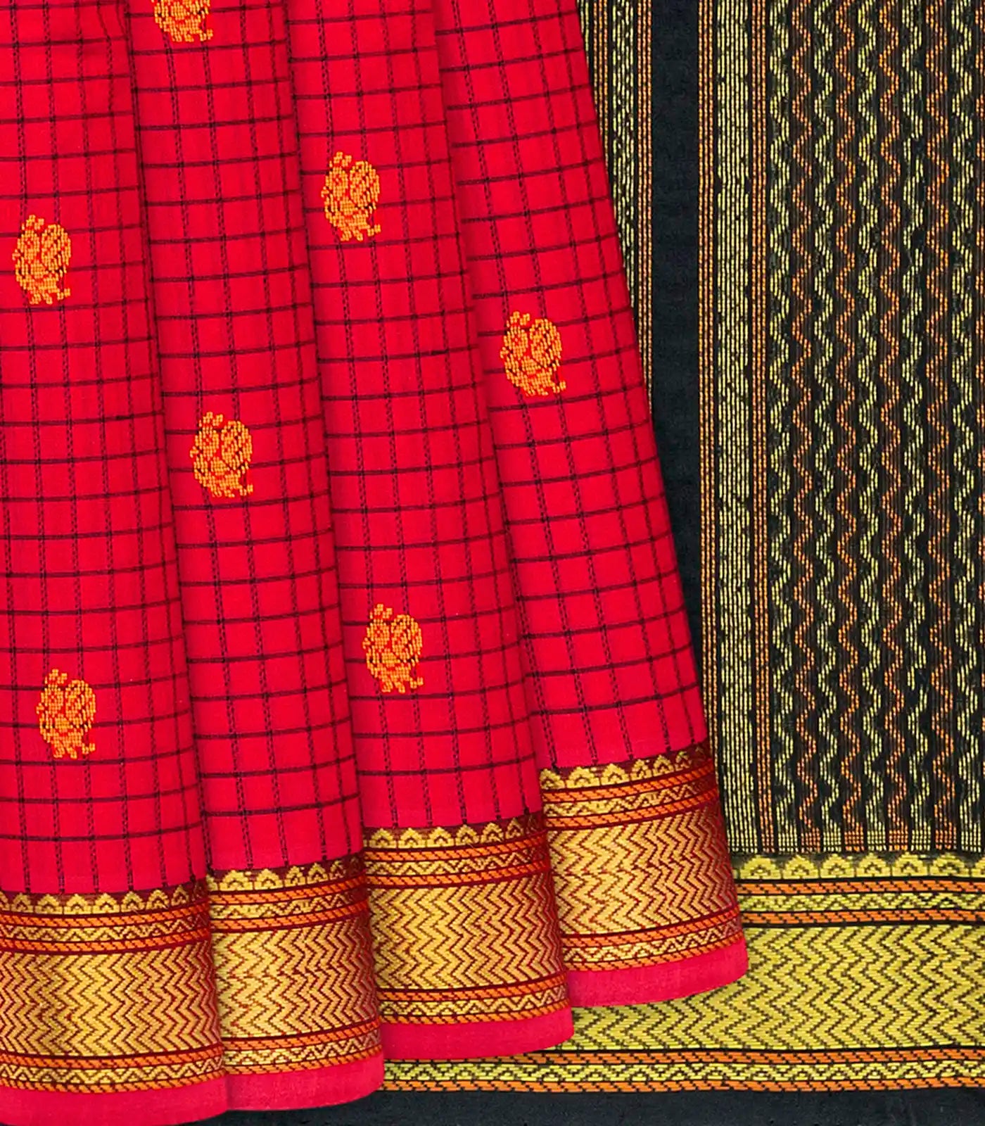 Red Handloom Silk Cotton Saree With Checks & Buttas-Red