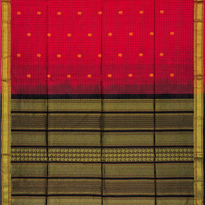 Red Handloom Silk Cotton Saree With Checks & Buttas-Red