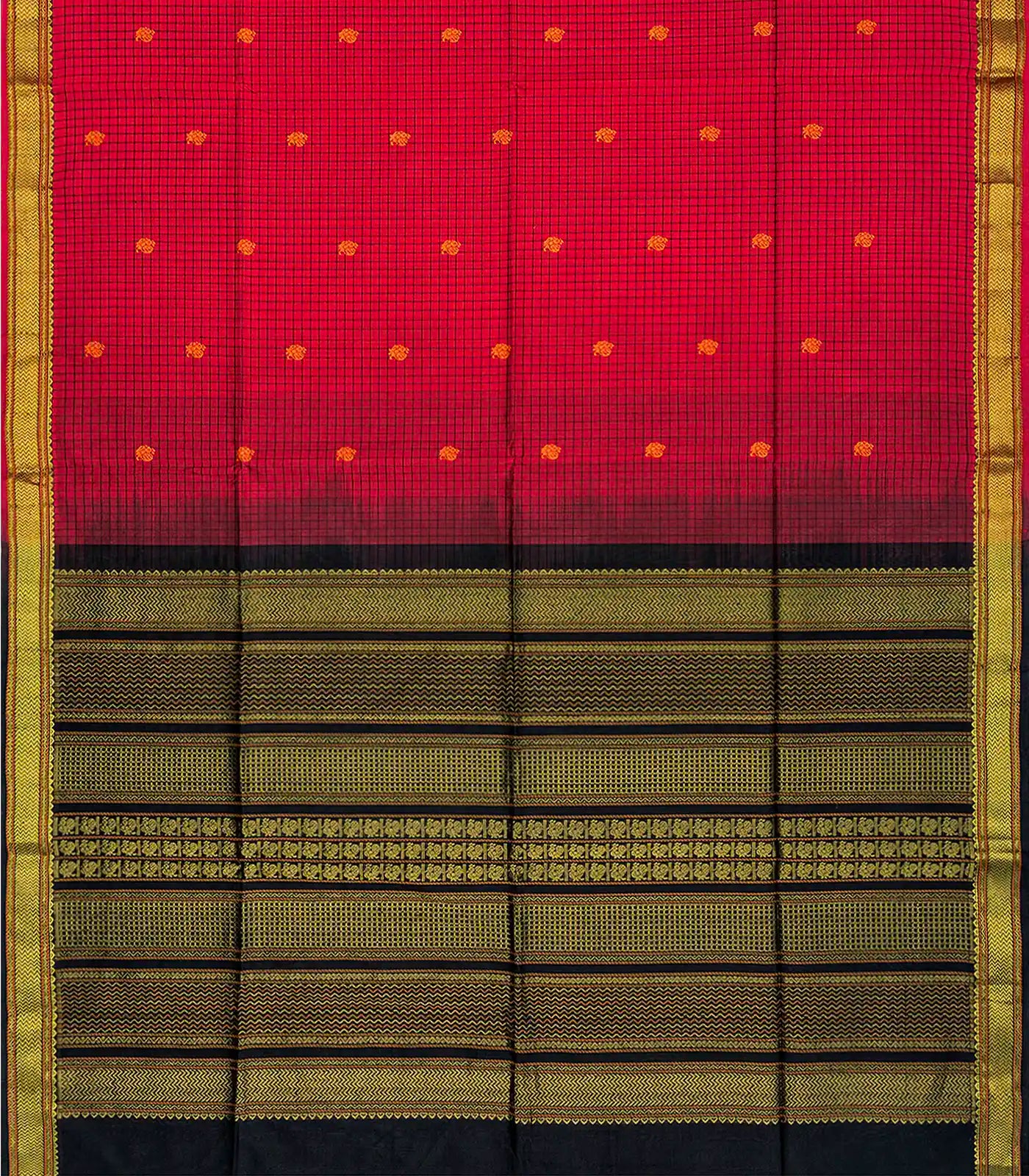 Red Handloom Silk Cotton Saree With Checks & Buttas-Red