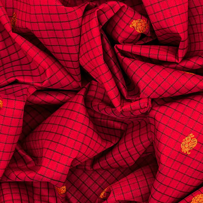 Red Handloom Silk Cotton Saree With Checks & Buttas-Red