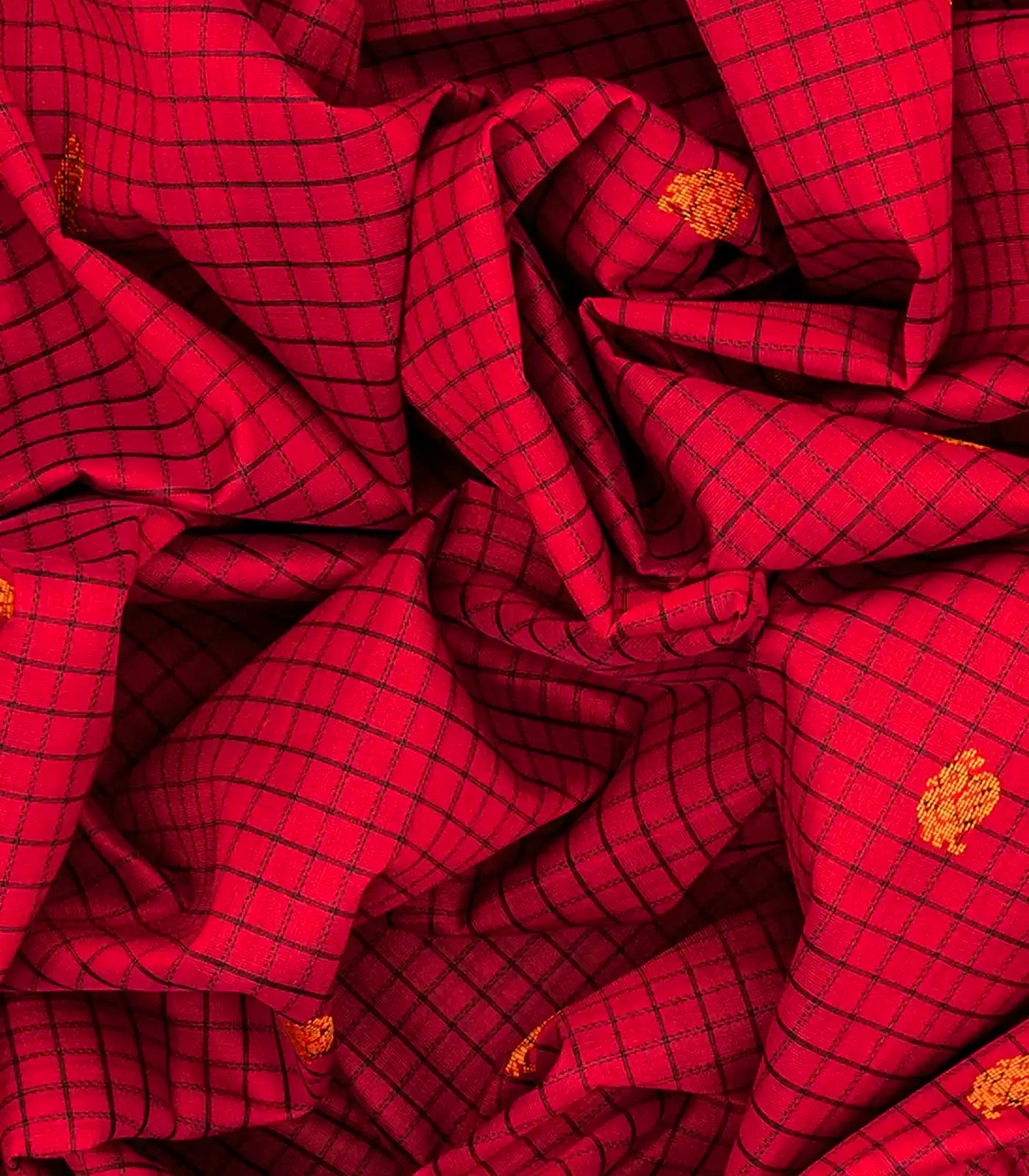 Red Handloom Silk Cotton Saree With Checks & Buttas-Red