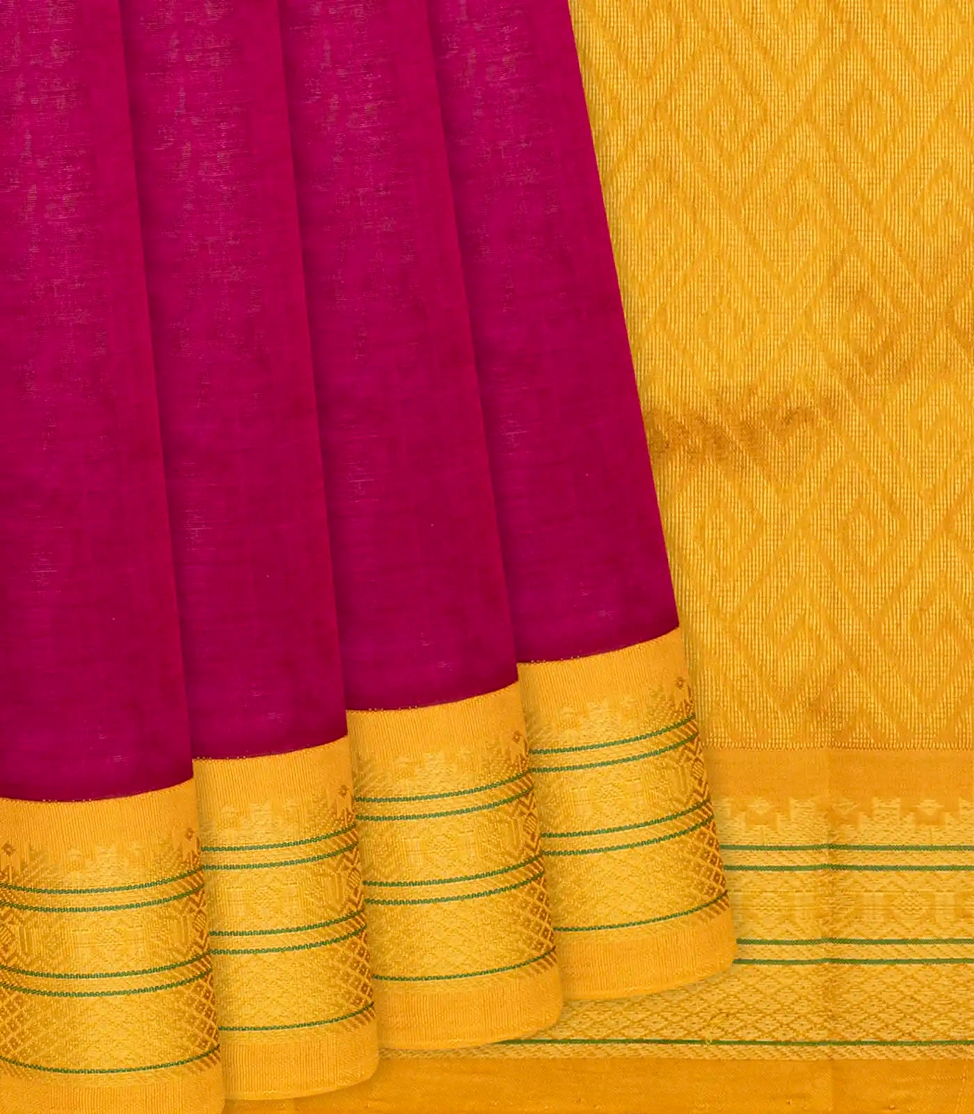 Crimson Handloom Silk Cotton Saree With Yellow Border-Crimson