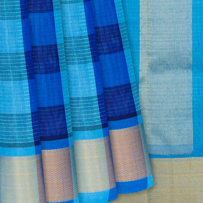 Cyan and Blue checked Handloom Silk Cotton Saree with cyan border and pallu-Cyan