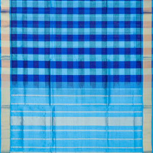 Cyan and Blue checked Handloom Silk Cotton Saree with cyan border and pallu-Cyan