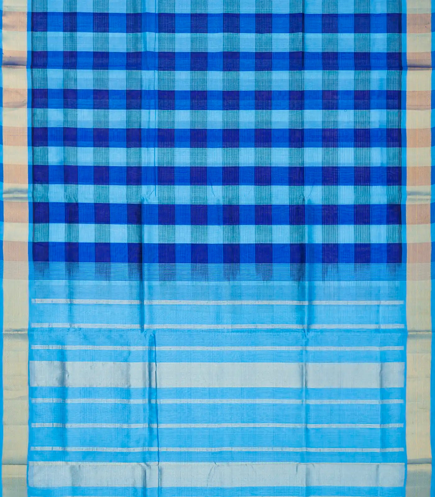 Cyan and Blue checked Handloom Silk Cotton Saree with cyan border and pallu-Cyan