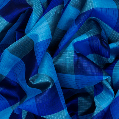 Cyan and Blue checked Handloom Silk Cotton Saree with cyan border and pallu-Cyan