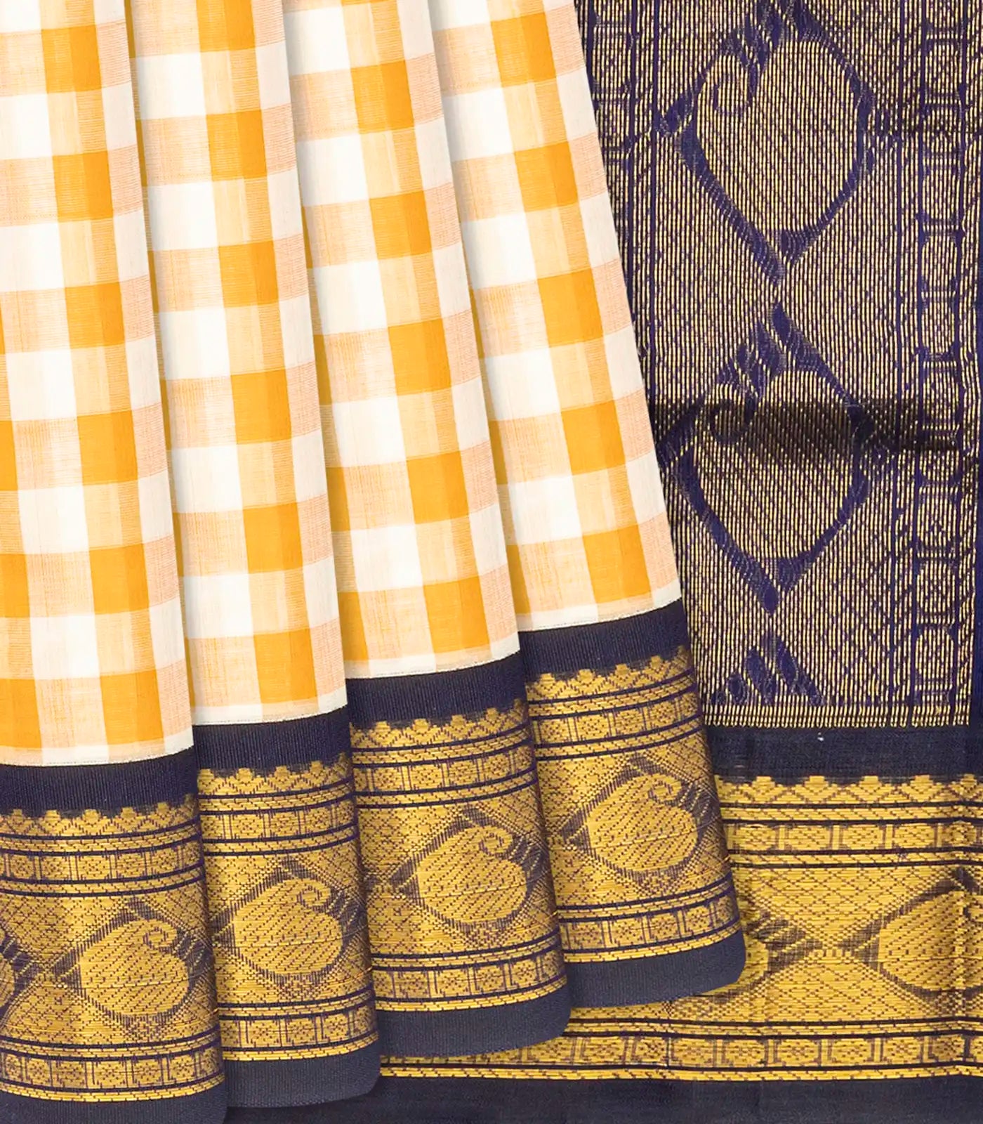 Off White Handloom Korvai Silk Cotton Saree With Checks-Off White