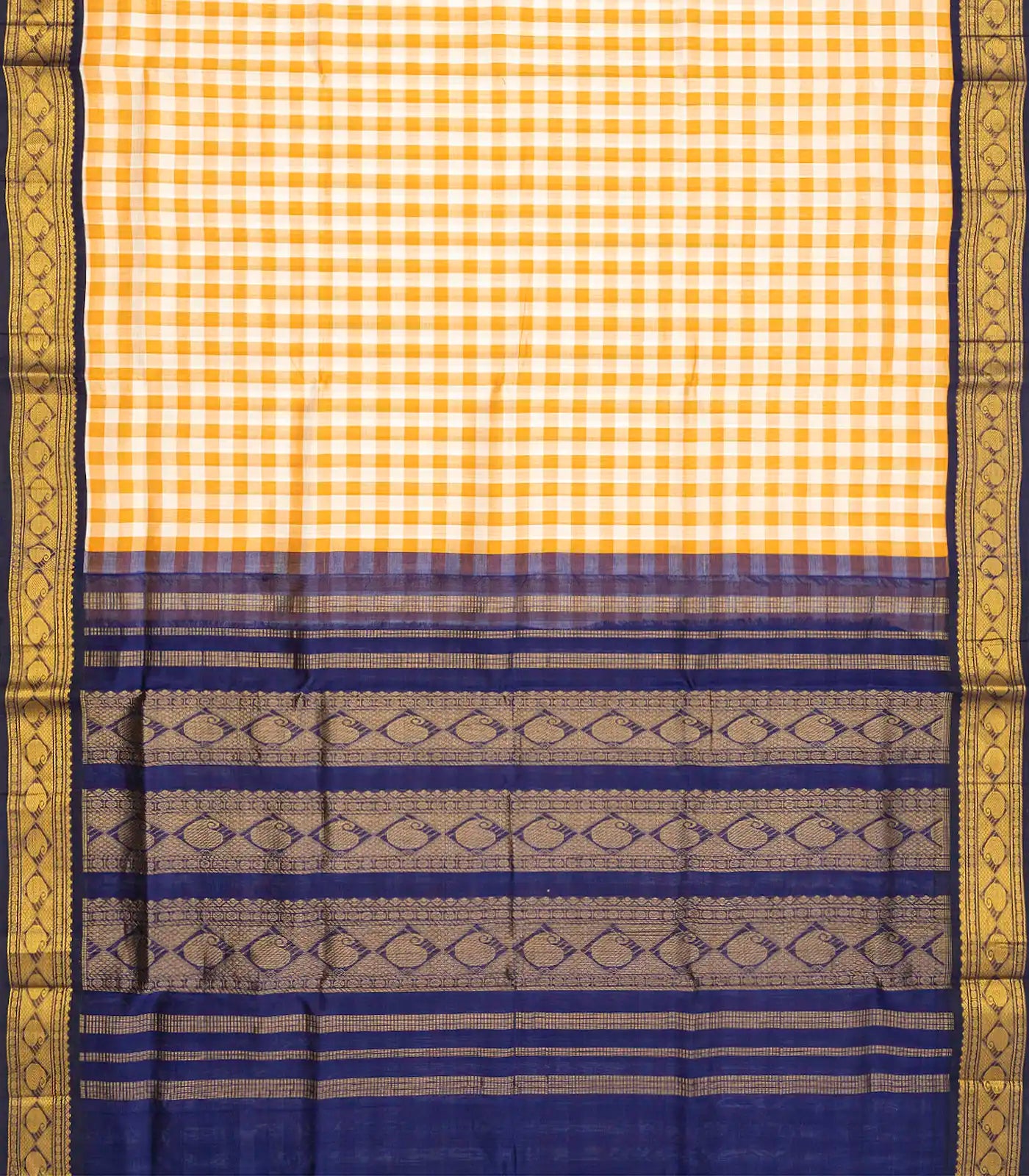 Off White Handloom Korvai Silk Cotton Saree With Checks-Off White