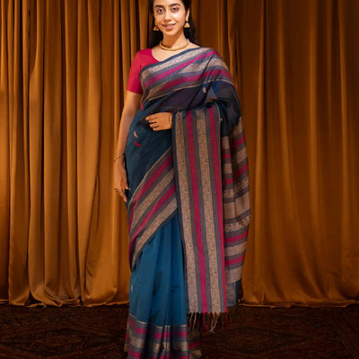 Navy Blue Handloom Silk Cotton Saree With Parrot Buttas-Navy Blue