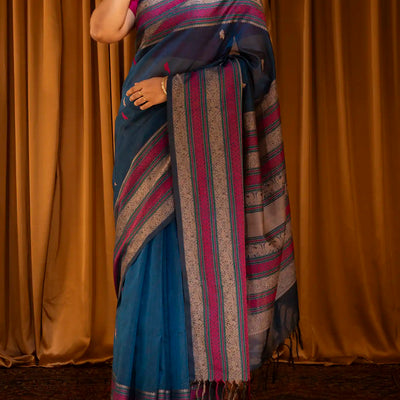 Navy Blue Handloom Silk Cotton Saree With Parrot Buttas-Navy Blue