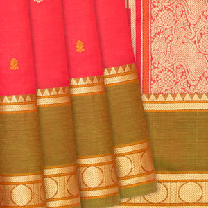 Dark Peach Handloom Silk Cotton Saree With Floral Buttas-Dark Peach