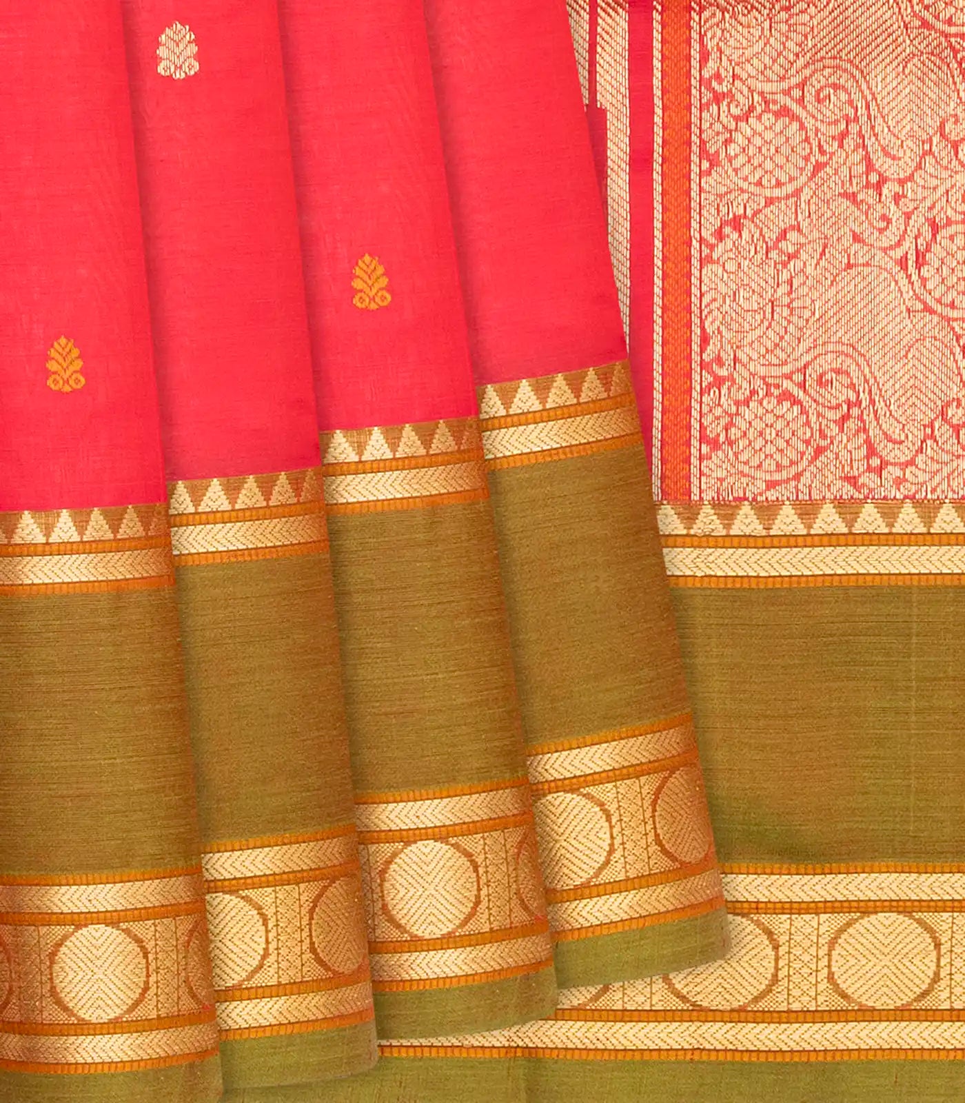 Dark Peach Handloom Silk Cotton Saree With Floral Buttas-Dark Peach