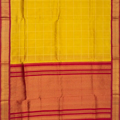 Mustard Handloom Korvai Silk Cotton Saree With Checks-Mustard