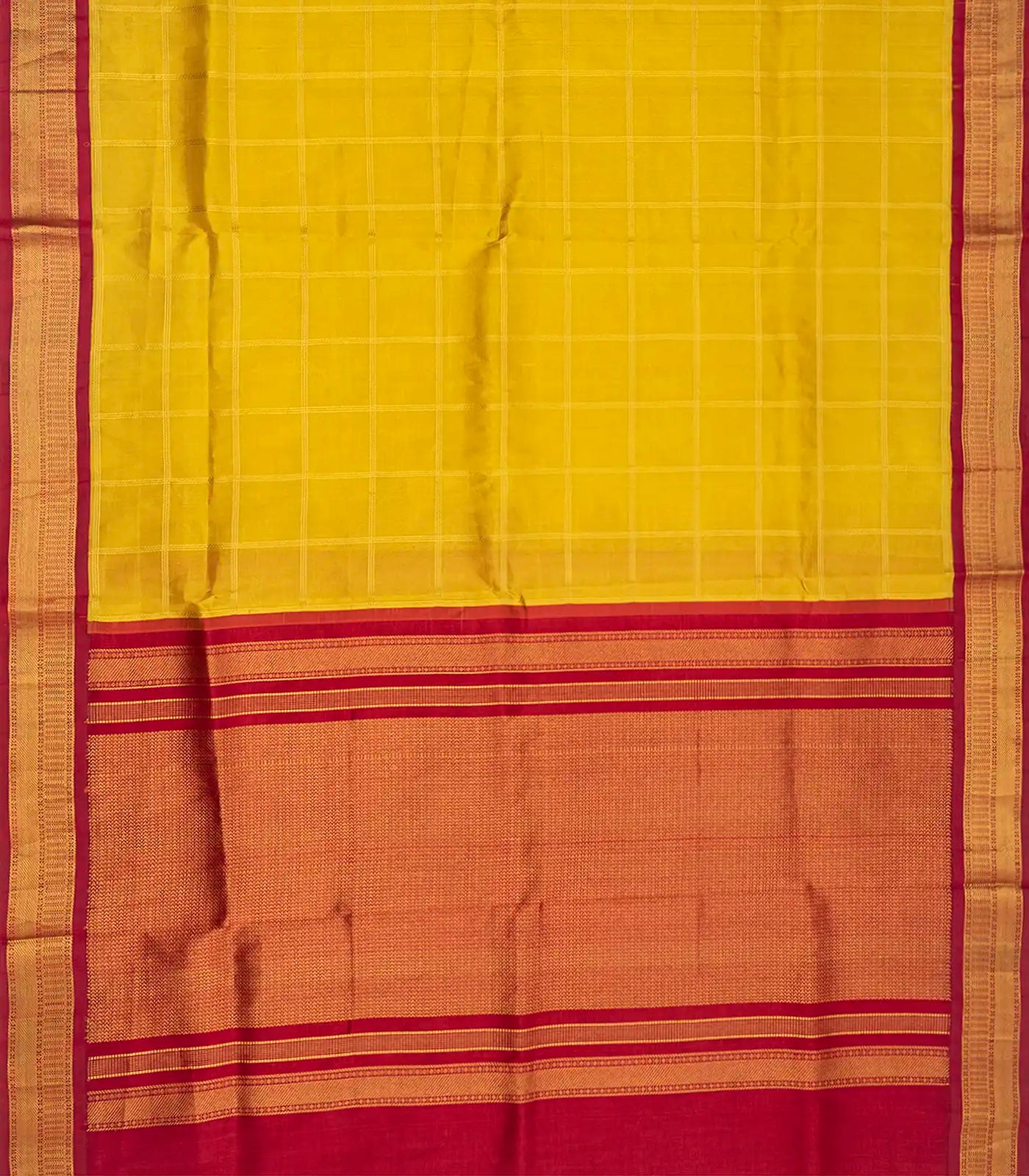 Mustard Handloom Korvai Silk Cotton Saree With Checks-Mustard