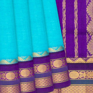 Sky Blue Handloom Korvai Silk Cotton Saree With Purple Border-Sky Blue