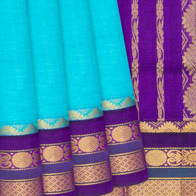 Sky Blue Handloom Korvai Silk Cotton Saree With Purple Border-Sky Blue