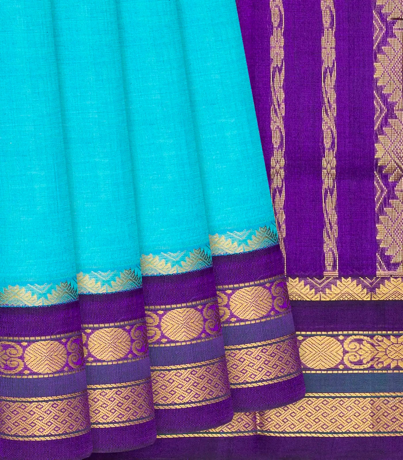 Sky Blue Handloom Korvai Silk Cotton Saree With Purple Border-Sky Blue