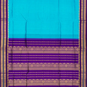 Sky Blue Handloom Korvai Silk Cotton Saree With Purple Border-Sky Blue