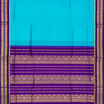 Sky Blue Handloom Korvai Silk Cotton Saree With Purple Border-Sky Blue