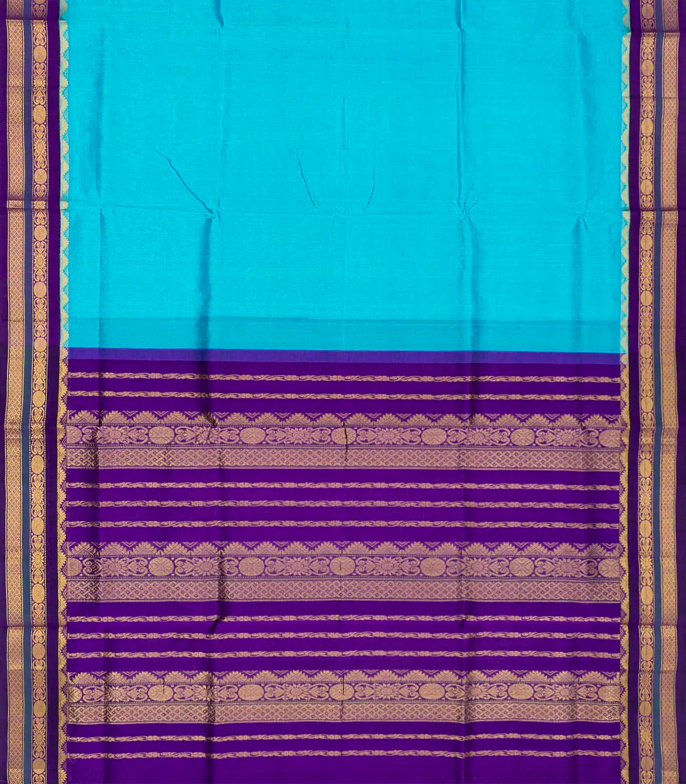 Sky Blue Handloom Korvai Silk Cotton Saree With Purple Border-Sky Blue