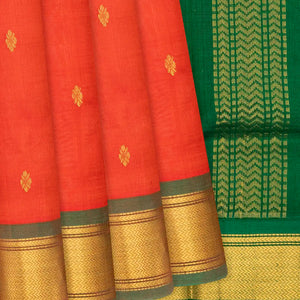 Red Handloom Korvai Silk Cotton Saree With Zari Buttas-Red