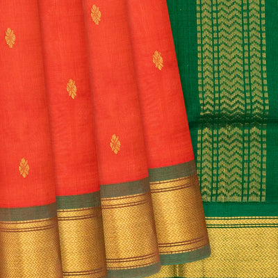 Red Handloom Korvai Silk Cotton Saree With Zari Buttas-Red