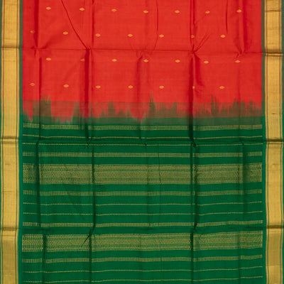 Red Handloom Korvai Silk Cotton Saree With Zari Buttas-Red