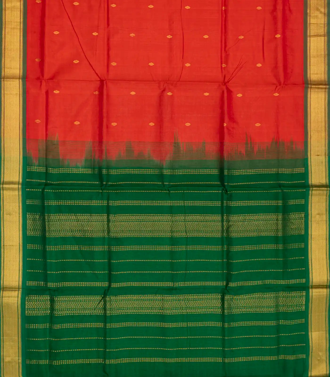 Red Handloom Korvai Silk Cotton Saree With Zari Buttas-Red