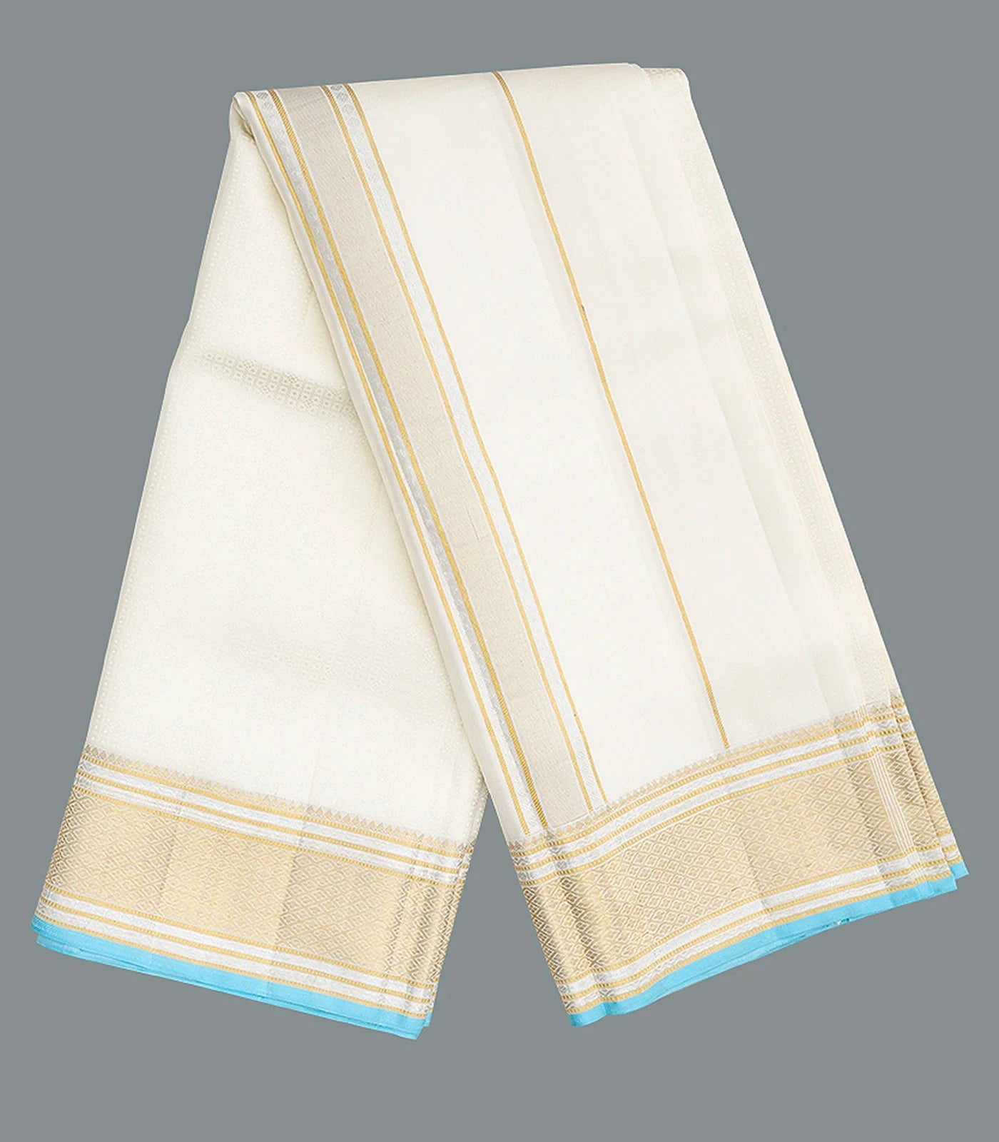 Off White 9 X 5 Handloom Silk Dhoti With Zari Motifs & Turquoise Selvedge -Off White