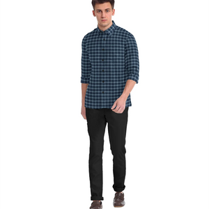 Navy Blue Checked Twill Weave Formal Shirt-Navy Blue