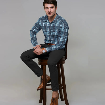 Blue Tonal Checked Paisley Printed Formal Shirt-Blue