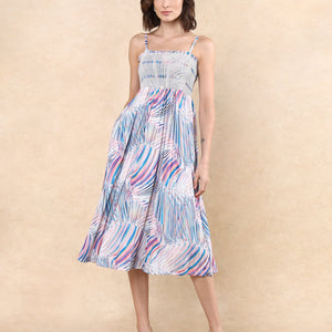 Rareism Women Shanks Multi Polyester Fabric Sleeveless Tube Neck Fit And Flare Midi Abstract Print Dress