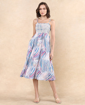Rareism Women Shanks Multi Polyester Fabric Sleeveless Tube Neck Fit And Flare Midi Abstract Print Dress