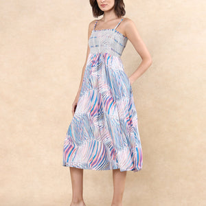 Rareism Women Shanks Multi Polyester Fabric Sleeveless Tube Neck Fit And Flare Midi Abstract Print Dress