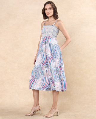 Rareism Women Shanks Multi Polyester Fabric Sleeveless Tube Neck Fit And Flare Midi Abstract Print Dress