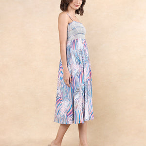 Rareism Women Shanks Multi Polyester Fabric Sleeveless Tube Neck Fit And Flare Midi Abstract Print Dress
