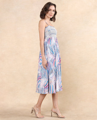 Rareism Women Shanks Multi Polyester Fabric Sleeveless Tube Neck Fit And Flare Midi Abstract Print Dress