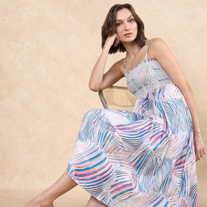 Rareism Women Shanks Multi Polyester Fabric Sleeveless Tube Neck Fit And Flare Midi Abstract Print Dress