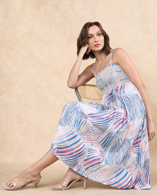 Rareism Women Shanks Multi Polyester Fabric Sleeveless Tube Neck Fit And Flare Midi Abstract Print Dress