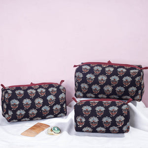 Black - Ajrakh Block Printed Cotton Toiletry Bags (Set of 3)