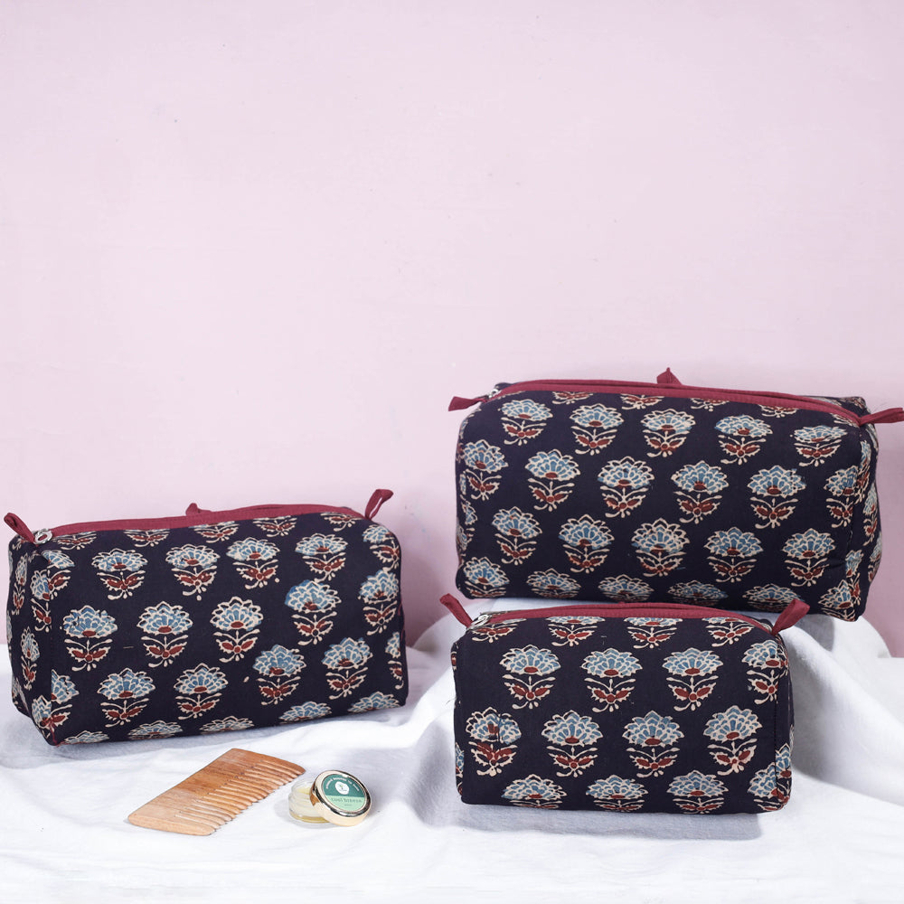 Black - Ajrakh Block Printed Cotton Toiletry Bags (Set of 3)