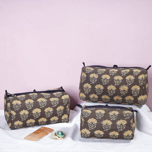 Brown - Ajrakh Block Printed Cotton Toiletry Bags (Set of 3)