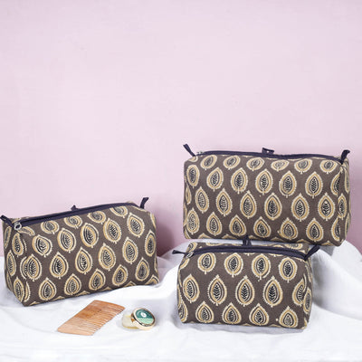 Brown - Ajrakh Block Printed Cotton Toiletry Bags (Set of 3)