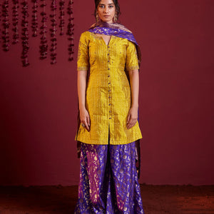 Mustard violet silk short kurti and palazzo set