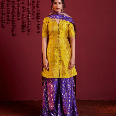 Mustard violet silk short kurti and palazzo set