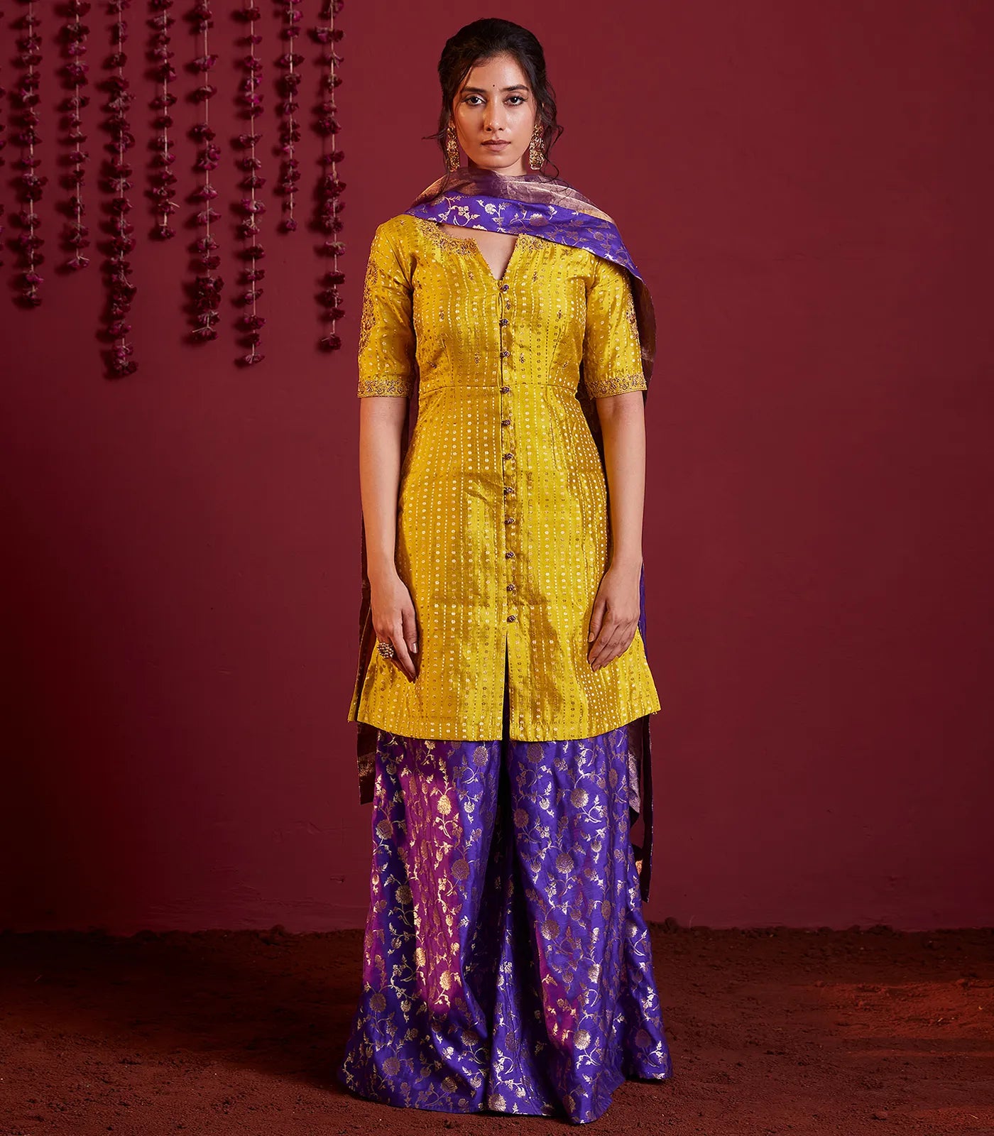 Mustard violet silk short kurti and palazzo set