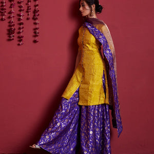 Mustard violet silk short kurti and palazzo set