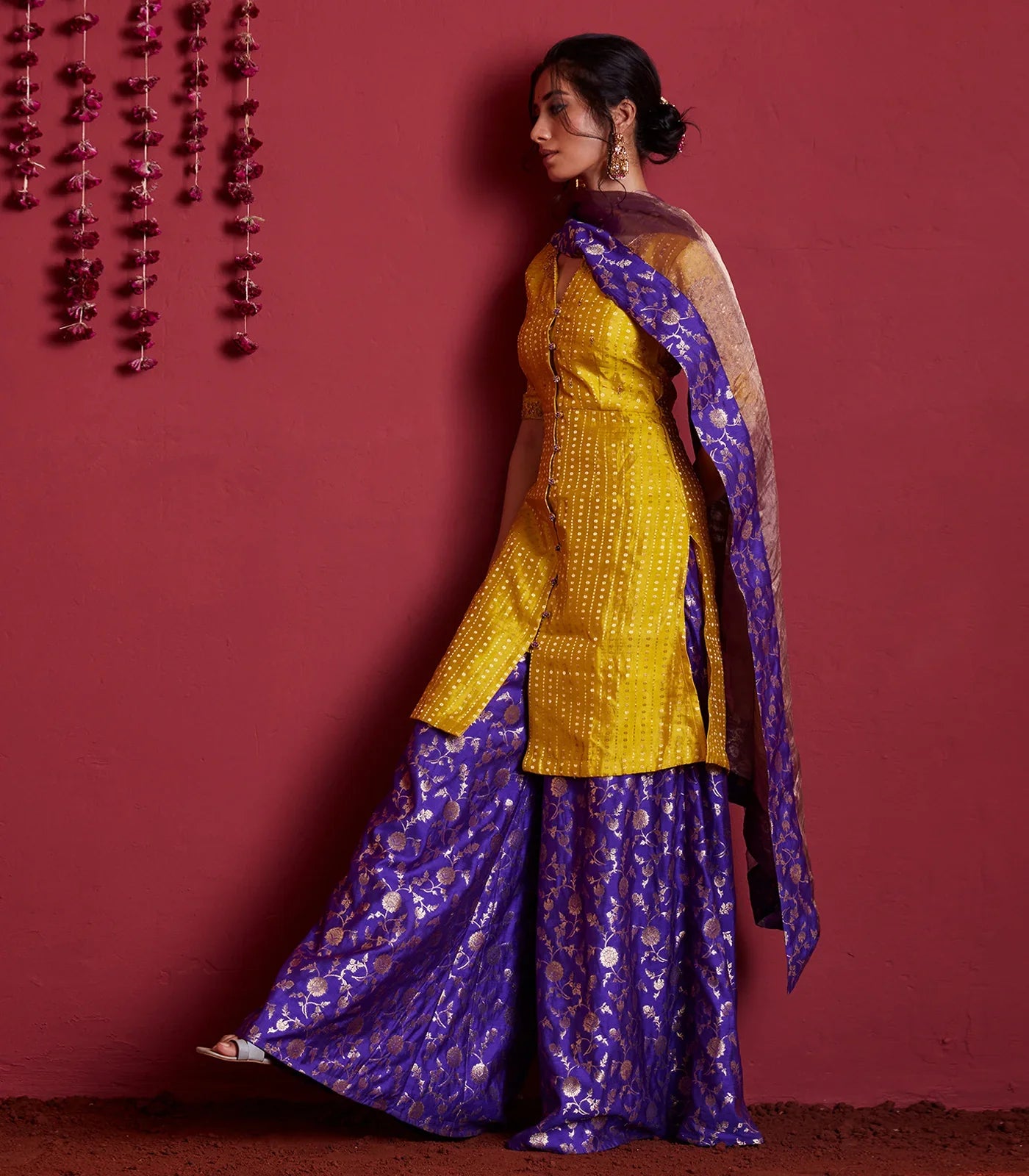 Mustard violet silk short kurti and palazzo set