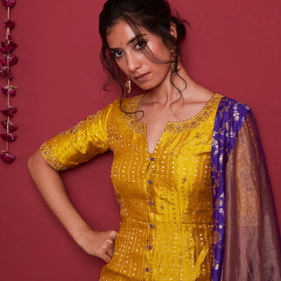 Mustard violet silk short kurti and palazzo set